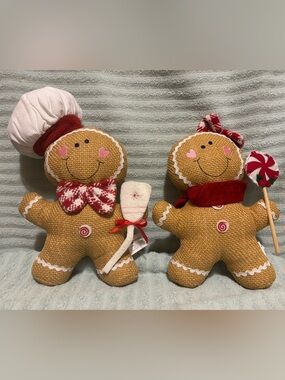 Festive Gingerbread Plush Holiday Pillow Pair - Red & Pink Accents.  NWT!